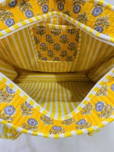 Silkgram Yellow Floral Quilted 100% Cotton Tote <b>Bag</b> with Zipper Closure <b>Large</b> Size Long Handle for <b>Beach</b> Shopping Made Rajasthan - Product Image 3