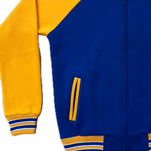 Chaqueta Bomber de Invierno SGRho Azul Rey de Forro Polar con Letras de Chenilla Personalizadas, Mangas de Cuero y Bordado, con Calefacción - Product Image 5