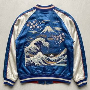 Chaqueta Sukajan Azul Satinado Estilo Japonés, Chaqueta Bomber Vintage con Bordado, Ropa Urbana, Diseño del Monte Fuji, Gran Ola, Ukiyo-e, Abrigo Souvenir - Product Image 1