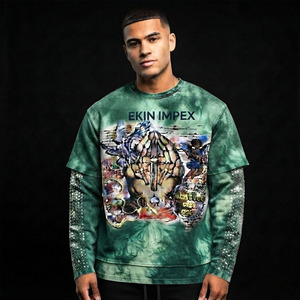 Camiseta de algodón 100% con cuello en V, gráfico verde lavado al ácido, oversize, personalizada para hombre, 2 en 1, con pedrería, manga larga, estilo Y2K, streetwear, al por mayor - Product Image 3