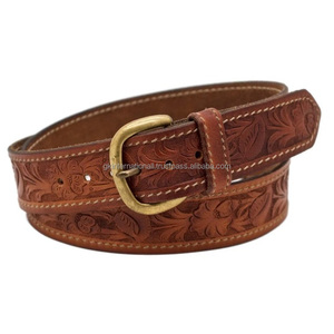 Por encargo 100% genuino cinturón de cuero de vaca occidental 40mm con diseño floral en relieve Top India mayorista fabricante - Product Image 4