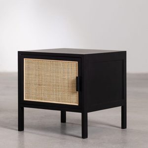 <b>Black</b> <b>Rattan</b> Wood Nightstand with Drawer Storage <b>Bedside</b> <b>Table</b> Modern Bedroom Furniture - Product Image 1