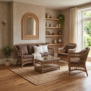 Conjunto de Sofás Cannes Mandola Kuboo en Ratán Gris con Tela Marrón, Mesa de Vidrio Estándar, Muebles de Patio de Estilo Resort Premium - Product Image 2