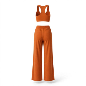 Women's Custom Color Yoga Set Racerback Crop Top High Waist <b>Wide</b> <b>Leg</b> Pants Solid Color Breathable Spandex Cotton 2-Piece Set - Product Image 2