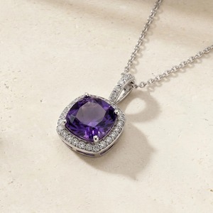 Wholesale 9K White Gold 0.215CT Round Diamond <b>Cushion</b> <b>Purple</b> Gemstone Halo Pendant Necklace for Women Fine Jewelry OEM - Product Image 2