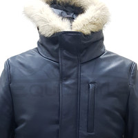 Blouson Bomber en Cuir Noir Imperméable Gaufré avec Capuche Bordée de Fourrure, Manches Isolées à Revers Côtelés, Rembourrage Épais, Col Montant, Fermeture Éclair, Coupe-Vent