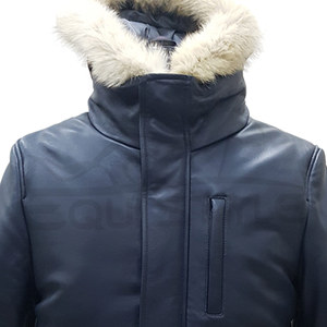 Black Leather Waterproof Embossed Bomber <b>Jacket</b> <b>Fur</b> Trim <b>Hood</b> Insulated Ribbed Cuffs Thick Filling Stand Collar Zipper Windproof - Product Image 5