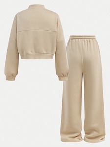 Women's Beige Fleece Tracksuit Set <b>Cropped</b> <b>Zip</b> <b>Up</b> Bomber Hoodies and Wide Leg Pants Casual Outdoor Wear - Product Image 3