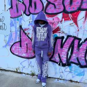 STEADY HUSTLIN Apparel Men's Full <b>Zip</b> <b>Hooded</b> Tracksuit Cotton Streetwear Autumn Regular Fit Side Pockets Letter Print - Product Image 3