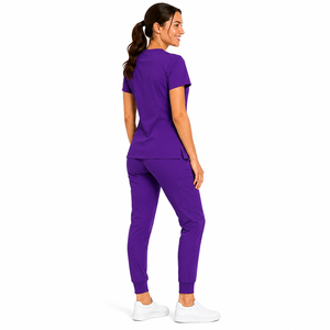 Women Purple <b>Scrub</b> Set V Neck Top Jogger Pants Hospital <b>Uniform</b> Medical Workwear Solid Color Premium Quality Clinic Suits - Product Image 3