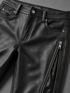 Premium Slim Fit Genuine Leather Pants Men Black Biker Trousers Outer <b>Thigh</b> Zipper Pockets Ankle Zips Custom OEM Wholesale - Product Image 1