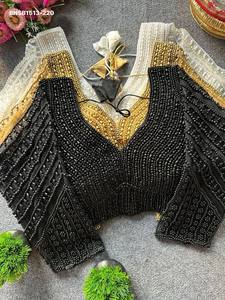 Premium Collection Silk with <b>Beads</b>-Pearl-Crystal Hand-work & V-Neck 3/4 Sleeve Back-Hook Blouse Collection At Wholesale Rate - Product Image 6