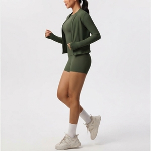 Women 3 Piece Yoga Set Crew Neck <b>Long</b> <b>Sleeve</b> <b>Top</b> High Waist Shorts Sweat Wicking Breathable Seamless Activewear - Product Image 6