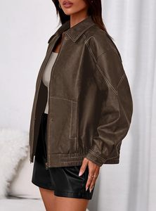 <b>Women's</b> beown Genuine <b>Leather</b> <b>Moto</b> <b>Jacket</b> Full Sleeve Zipper Closure Stand Collar Autumn Style - Product Image 2