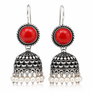 Boucles d'oreilles Jhumka vintage rouges oxydées avec pampilles de perles, bijoux indiens traditionnels, fabricant en gros - Product Image 1