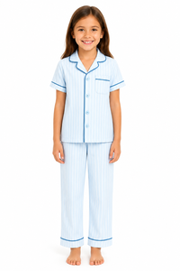 Girls <b>Blue</b> <b>Stripe</b> Pajama Set Kids Cotton Nightwear Short Sleeve Sleepwear Comfortable Button Down <b>Pyjama</b> Suit Soft feel Fabric - Product Image 1
