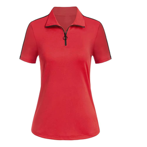 Polo para Mujer Personalizado de Manga Corta Rojo con Cremallera, Top de Verano Casual Ajustado con Rayas en el Hombro, Ropa de Trabajo - Product Image 1
