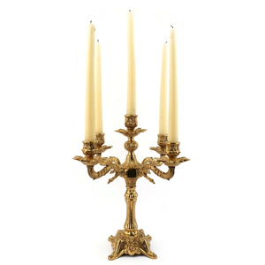 Gold wrought iron five <b>light</b> candelabra with delicate floral vine scroll accents, available at wholesale prices. - Product Image 3