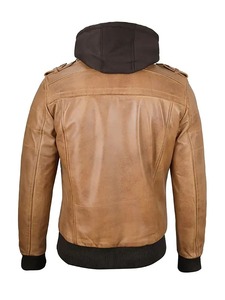 เสื้อแจ็คเก็ตหนังสีน้ำตาลอูฐมีฮู้ดสำหรับผู้ชาย - Product Image 3