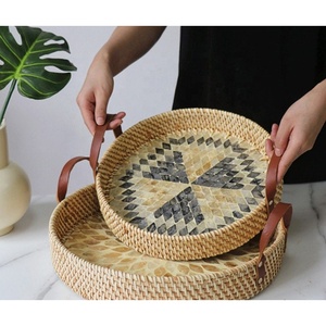 Boho Style Manufacturer square Rattan Mother of Pearl Inlay Tray, Woven Tray with <b>Handle</b> Tray for Coffee Tea - Product Image 4