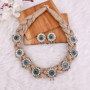 Boho Braided Jute Pearl <b>Statement</b> <b>Necklace</b> & Earrings Set - Product Image 4
