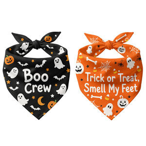 Bandanas d'Halloween en gros pour animaux de compagnie – Foulards personnalisés pour chiens et chats avec imprimé citrouille et crâne orange et noir – Accessoire de festival - Product Image 1