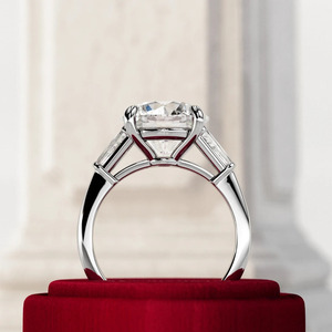 Luxury 5 Carat Brilliant E VVS2 Lab Grown Diamond Three Stone <b>Ring</b> Tapered Baguette Side Stones 18K White Gold Women's - Product Image 3