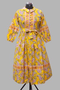 Indian Hand Block Printed Cotton Paisley Maxi Dress - <b>Boho</b> Tiered <b>Shirt</b> Dress with Matching Belt. - Product Image 6