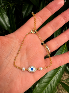 Gold Plated Chain Bracelet Adjustable Chain Link <b>Bangle</b> Blue Center Stone Pearl Accent for Women - Product Image 1