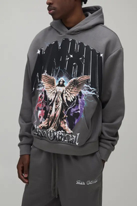 Men's Gray Hooded Tracksuit With Angel Print Full Length Streetwear Sweatshirt And Pants Set Loose Fit Midweight Cotton Autumn - Product Image 5