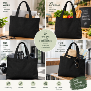 Large <b>Black</b> Recyclable Canvas Tote <b>Bag</b> with <b>Top</b> <b>Handle</b> Screen Printed for Daily Use Party & Suit - Product Image 4