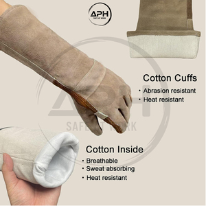 Guantes de soldadura TIG Wing Thumb de cuero, bicolor marrón tostado, de piel de vaca serraje, resistentes al calor, tipo guanteleta larga para trabajo. - Product Image 4