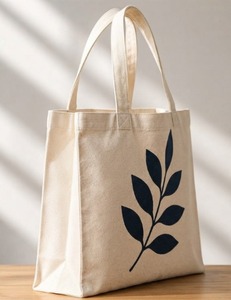 Minimalist Leaf Print Cotton Canvas <b>Tote</b> <b>Bag</b> Eco Friendly Cream Large Capacity Women <b>Navy</b> Shoulder Handbag Reusable - Product Image 3