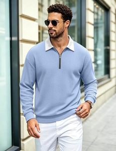 Men's Light Blue Knitted Quarter <b>Zip</b> Pullover Long Sleeve Casual <b>Shirt</b> Turn-down Collar Solid Color Autumn Wear - Product Image 2