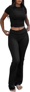 Women Breathable Simple 2 Piece Yoga Set Crop <b>Top</b> and Flare Pants Short Sleeve Solid Color Mid Waist Activewear Lounge Outfit - Product Image 5