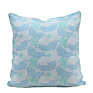 Marine Fish Pattern Square <b>Throw</b> <b>Pillow</b> Cover 100% Cotton Piping Cushion Cover 50x50 cms Washable Modern Decorative Cushion - Product Image 3