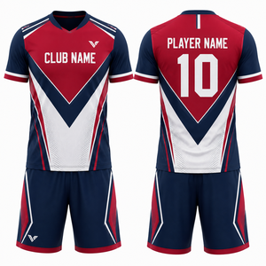 Kit de tennis personnalisé en polyester par sublimation, coloris bordeaux et bleu marine, respirant, séchage rapide, pour homme, manches courtes, col en V, taille élastique - Product Image 1