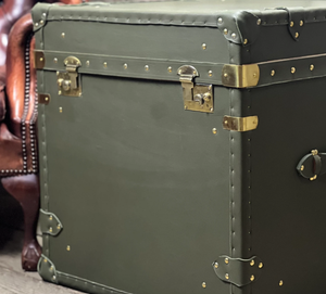 Olive Green Leather Wooden <b>Storage</b> Trunk Antique <b>Chest</b> Box with Brass Locks Studs and Corner Guards Rustic Furniture - Product Image 4