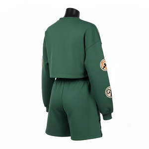 Heavyweight cotton polyester fleece women crop top short <b>set</b> panel shorts chenille embroidery logo 100% Cotton Crop Top & Shorts - Product Image 5