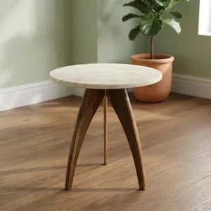 Modern Round <b>Marble</b> Top Side <b>Table</b> With Solid Wood Tripod Base Handmade Accent End <b>Table</b> for Living Room Bedroom - Product Image 1
