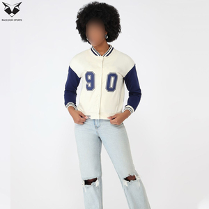 2026 Wholesale Rate Cream Navy Full Sleeve Turn Down Collar Button Closure Autumn Letter 90 Design Women Varsity <b>Jackets</b> - Product Image 2