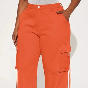 Pantalones Cargo Naranja de Cintura Alta para Mujer, Corte Holgado, Largos, con Múltiples Bolsillos, Material de Lona, Estilo Primavera - Product Image 3