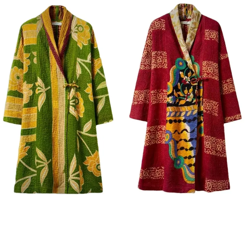 Vestido kimono de algodão acolchoado kantha, roupão de banho estilo boho, estampa a mão, feito à mão