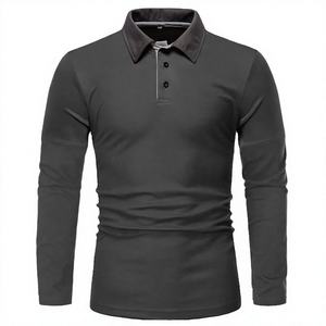 Polo tricoté à manches longues pour homme, coupe ajustée, décontracté, gris foncé, col montant, coupe classique, 230 grammes, couleur unie - Product Image 1