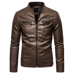 Veste moto en cuir PU marron, coupe ajustée, à capuche, personnalisable, vêtement d'automne pour homme, fermeture éclair. - Product Image 1