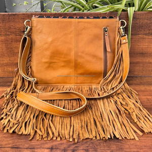Bolso cruzado hecho a mano con flecos de piedra turquesa de cactus de cuero genuino occidental para mujer - Product Image 4