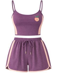 Purple Peach Women Camisole And Shorts <b>Set</b> Summer Two Piece Outfit Cotton Blend Crop Top Graphic Print Drawstring Shorts Casual - Product Image 1