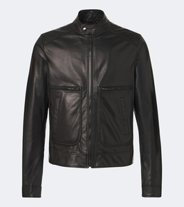 Blouson moto homme en cuir véritable noir, col montant, fermeture éclair, coupe ajustée, style automne, design personnalisé, fournisseur en gros - Product Image 1