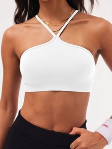 Women Cross Halter Neck Sports <b>Bra</b> High Neck Ribbed Seamless Workout Bralette Removable Padded <b>Open</b> Back Fitness Crop Top - Product Image 3