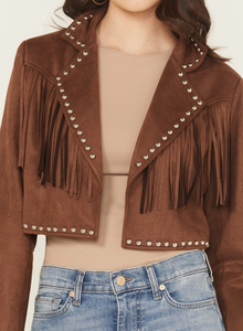 Genuine Suede Leather Fringe <b>Jacket</b> <b>Women</b> Brown Studded Cropped Notch Lapel Open Front Western Cowgirl Coat Real Suede Boho - Product Image 3
